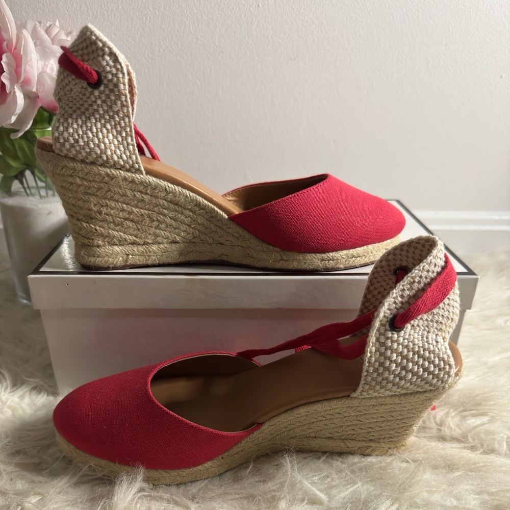 J.CREW Made-in-Spain red lace-up high-heel espadrilles. NWOT. Size:9.5